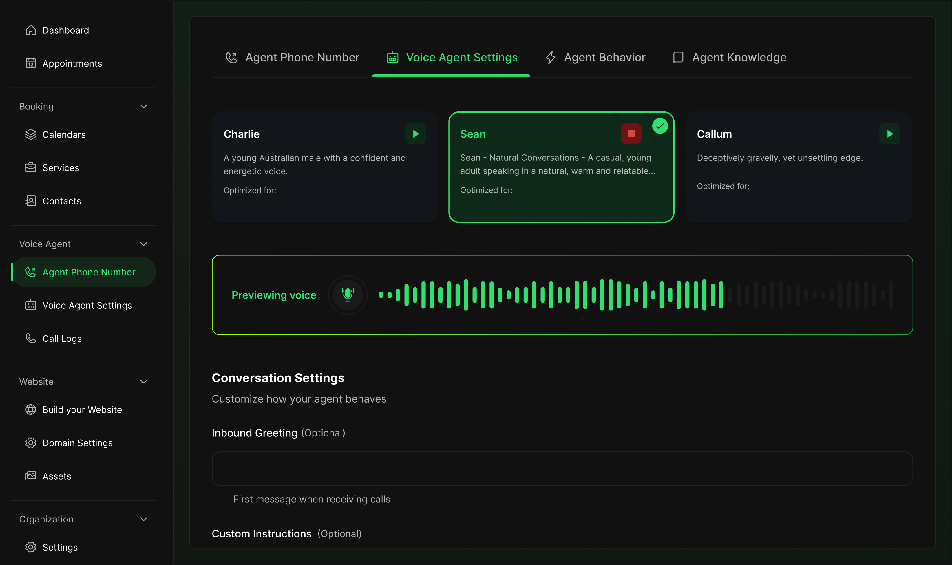 The Exydio console on Voice Agent Settings, showing the Charlie, Sean and Callum voice cards, a voice preview waveform, and the conversation settings form